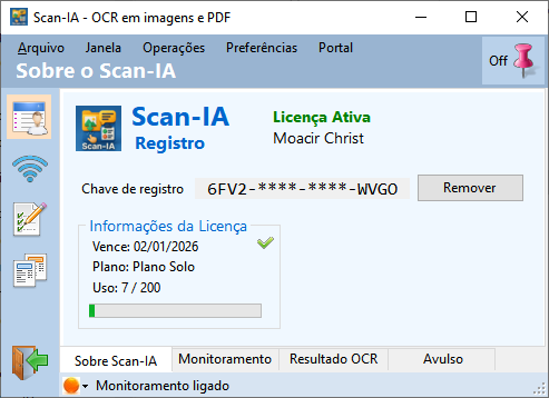 Tela de ativação da licença do Scan-IA